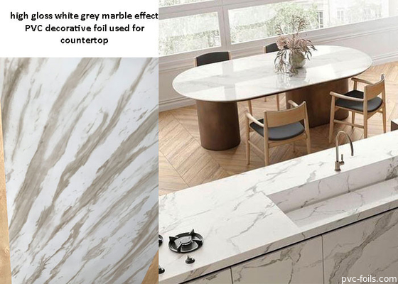 Film décoratif de PVC d'effet de marbre gris blanc à haute brillance pour la partie supérieure du comptoir